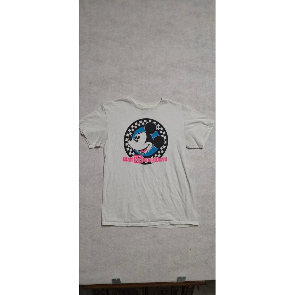 Disney Walt Disney World Mickey Mouse T-Shirt Size M White Checkered Graphic